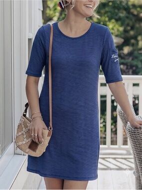 Lakegirl Royal Blue Black Striped Mini Knit Tee Shirt Dress S Nautical Preppy